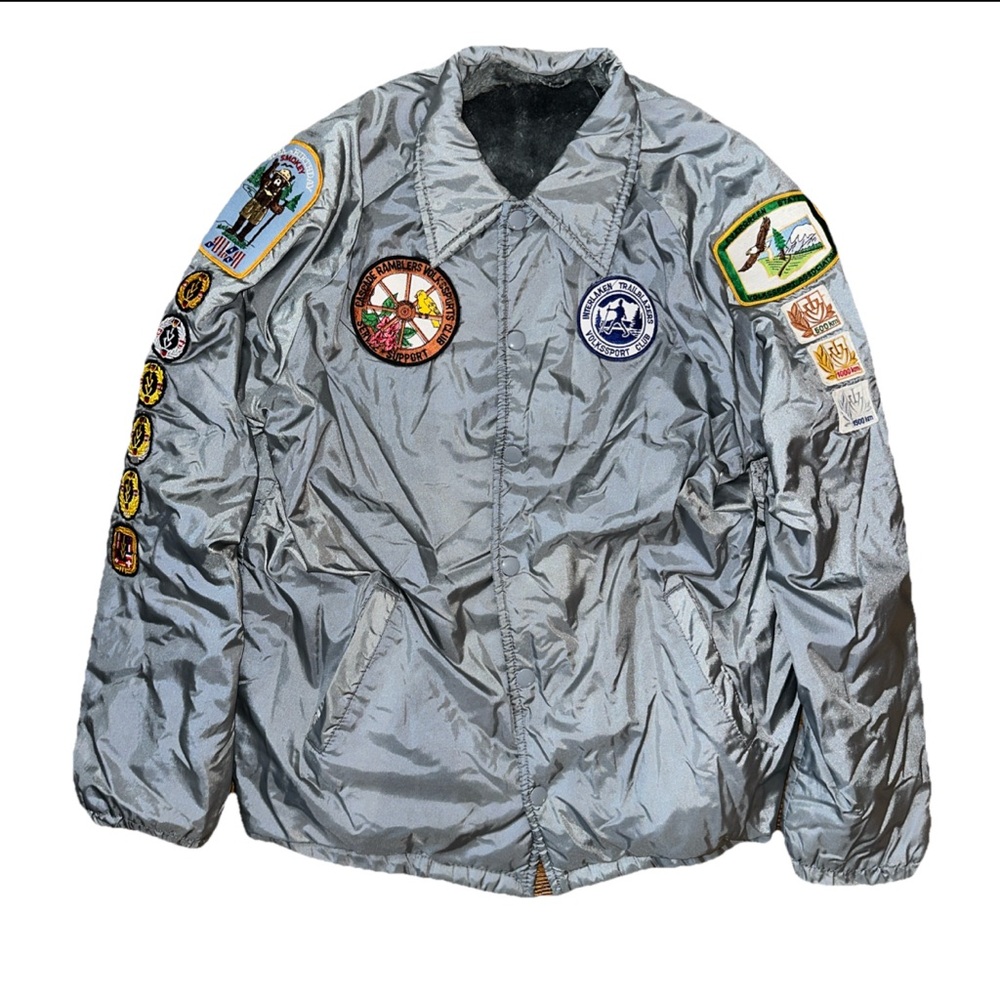Vintage 80s Satin Bomber Jacket Michigan Patches Smokey Bear Volkssport Club